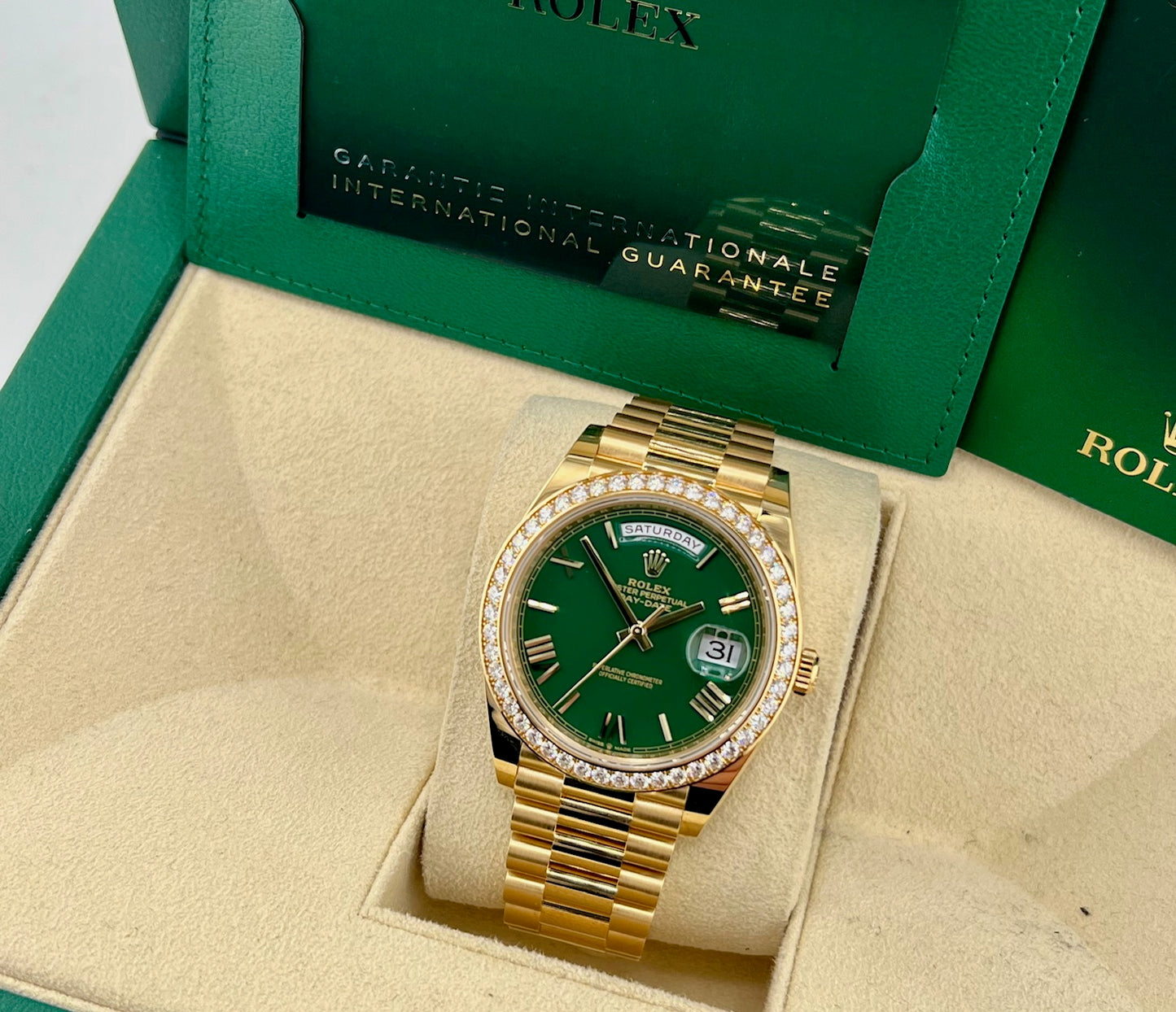 Rolex Day-Date 40mm 228348RBR Green Dial Diamond Bezel 2022 Full Set