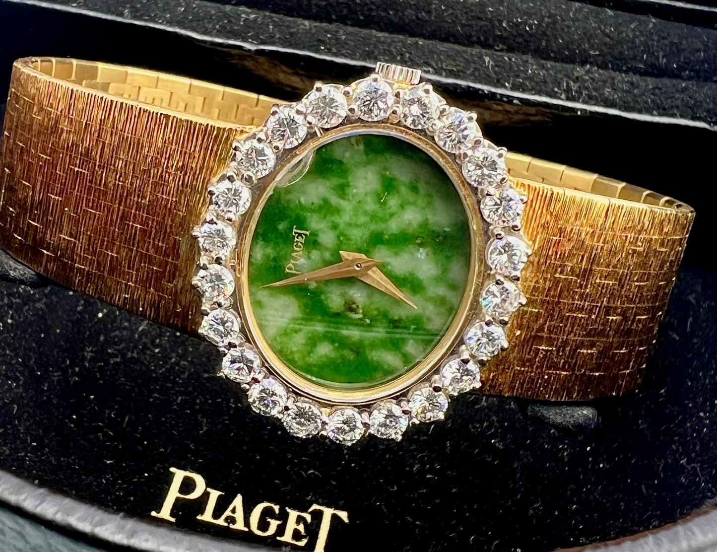 Piaget Vintage Yellow Gold Diamond Bezel Factory 28mm Stone Dial Green