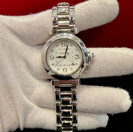 Cartier Pasha 32mm 18k Diamond Automatic 2528 NOS white Gold Diamond