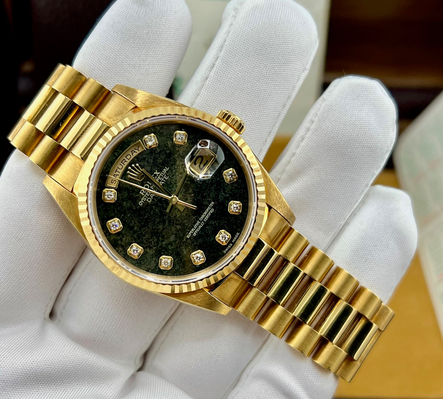Rolex Day-Date 36mm 18238 ''Pirite'' Dial Diamond Index Full Set 1991
