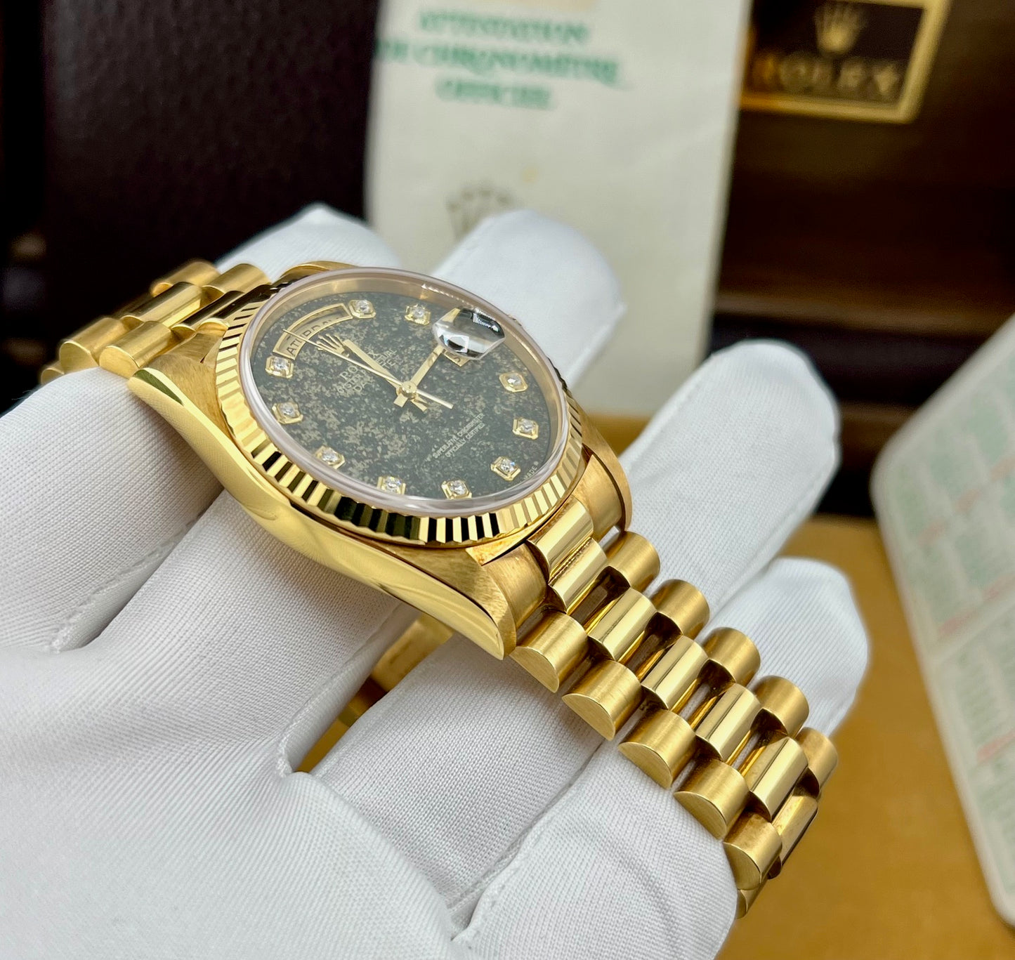Rolex Day-Date 36mm 18238 ''Pirite'' Dial Diamond Index Full Set 1991
