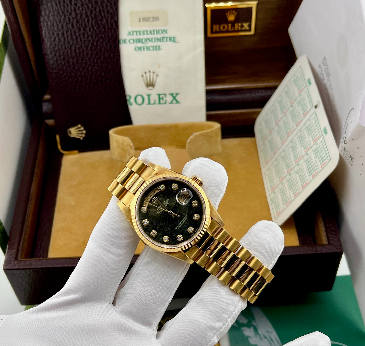 Rolex Day-Date 36mm 18238 ''Pirite'' Dial Diamond Index Full Set 1991