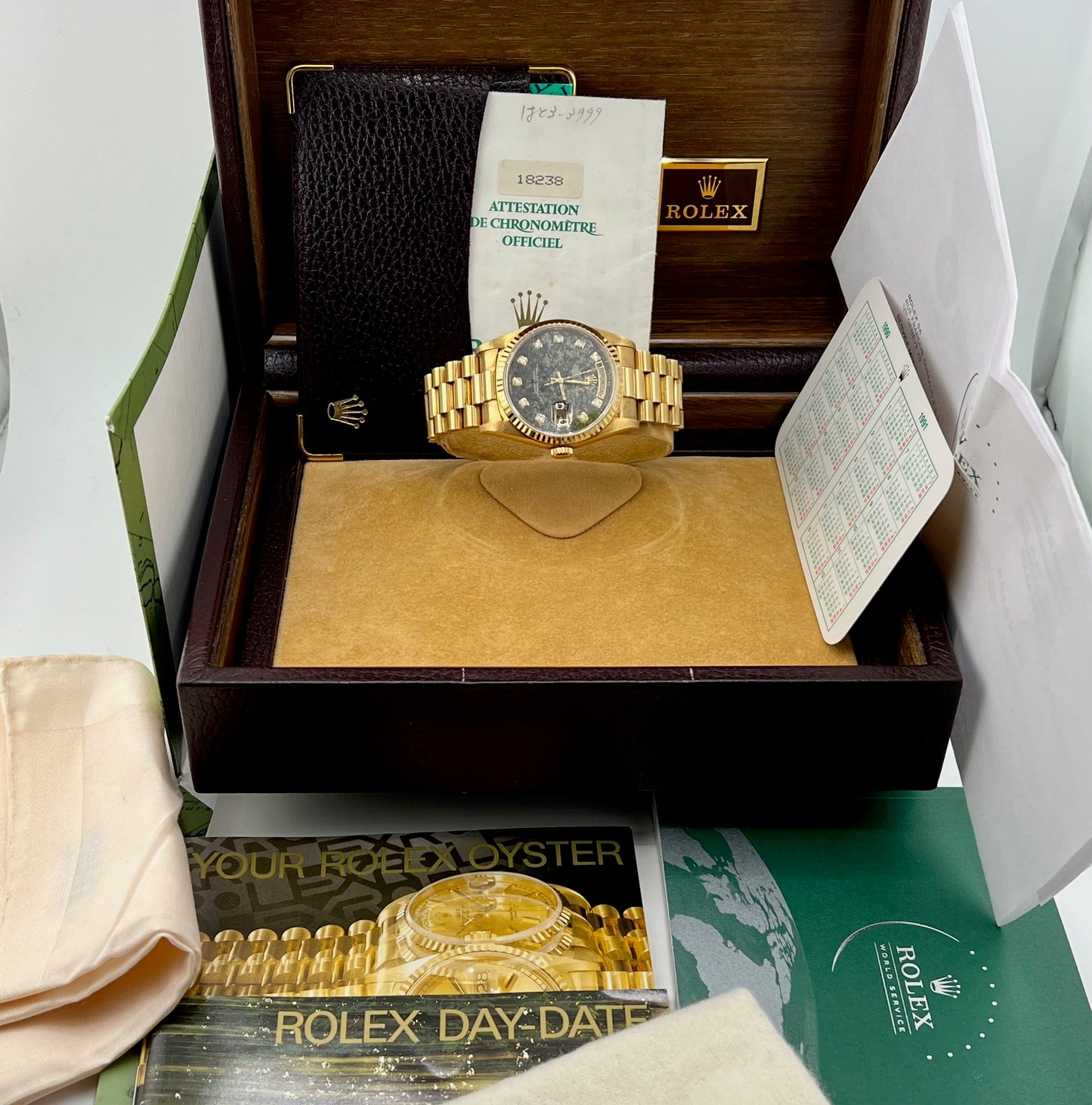 Rolex Day-Date 36mm 18238 ''Pirite'' Dial Diamond Index Full Set 1991