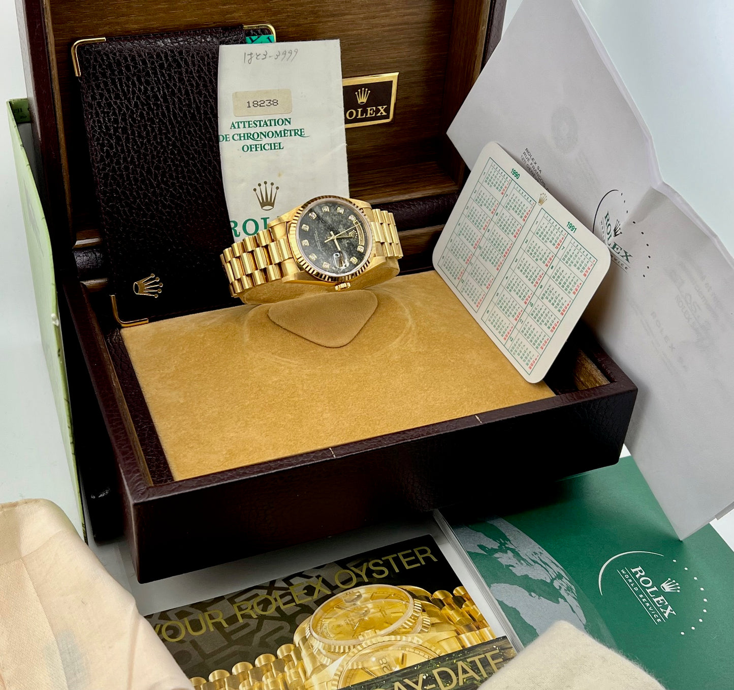 Rolex Day-Date 36mm 18238 ''Pirite'' Dial Diamond Index Full Set 1991