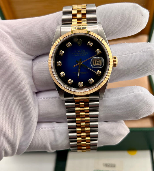 Rolex Datejust 36mm 16233 Blu Ombrè Dial diamond index 1999 B&P jubilèe