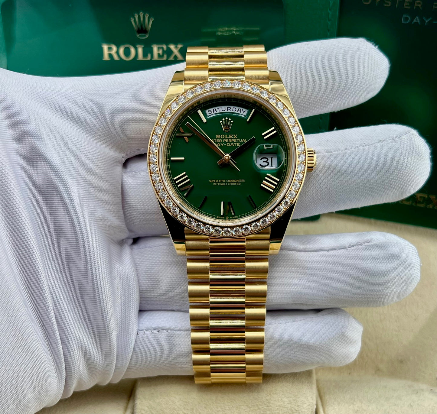 Rolex Day-Date 40mm 228348RBR Green Dial Diamond Bezel  2022 Full Set