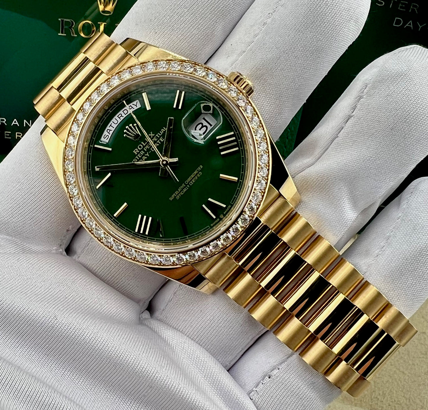 Rolex Day-Date 40mm 228348RBR Green Dial Diamond Bezel  2022 Full Set