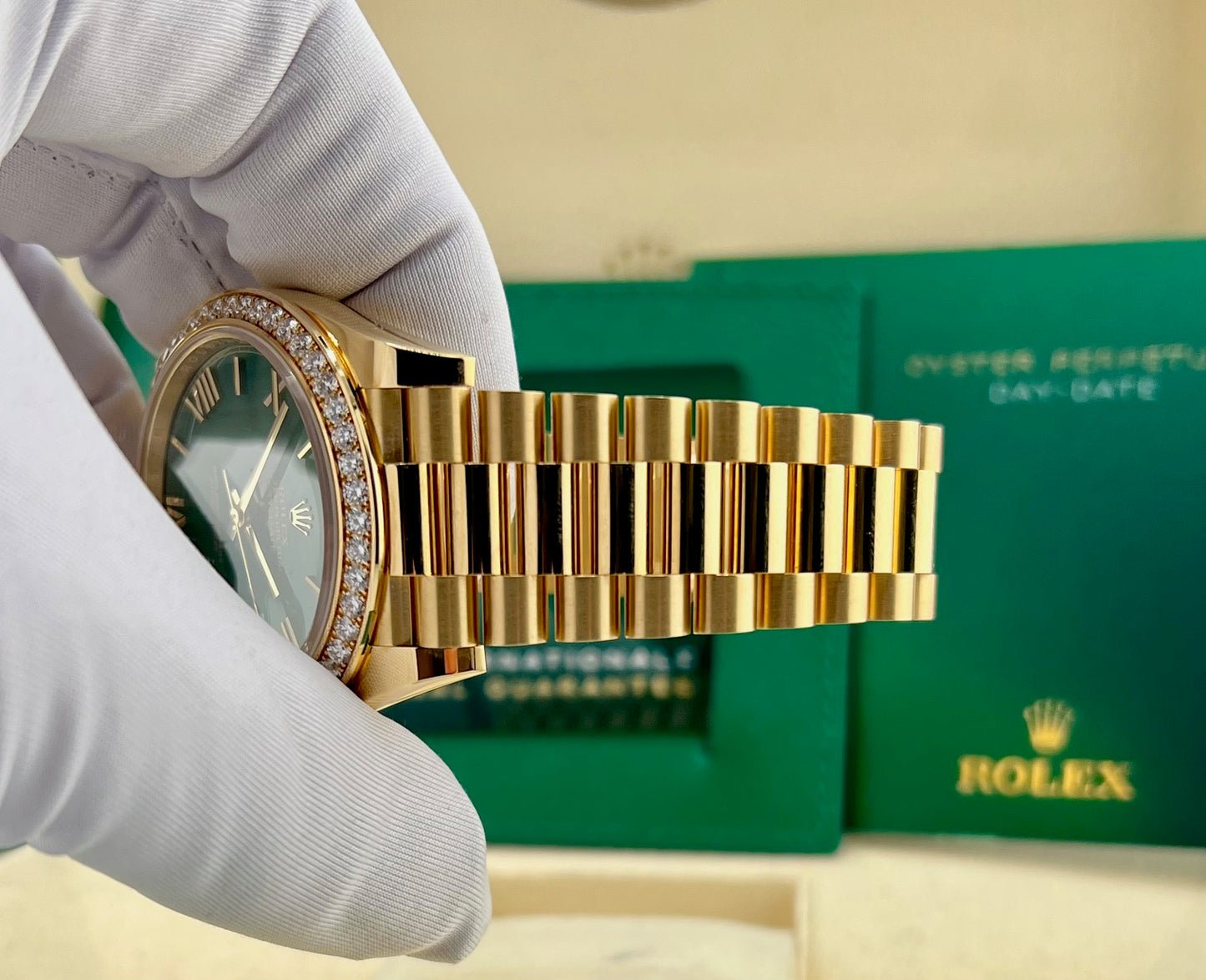 Rolex Day-Date 40mm 228348RBR Green Dial Diamond Bezel  2022 Full Set