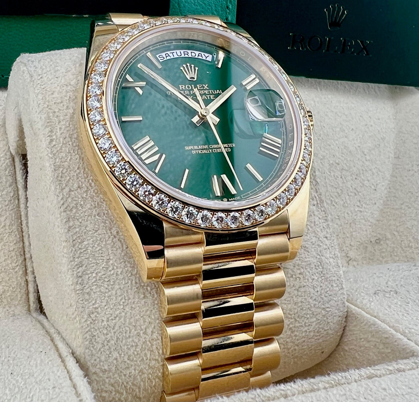 Rolex Day-Date 40mm 228348RBR Green Dial Diamond Bezel  2022 Full Set