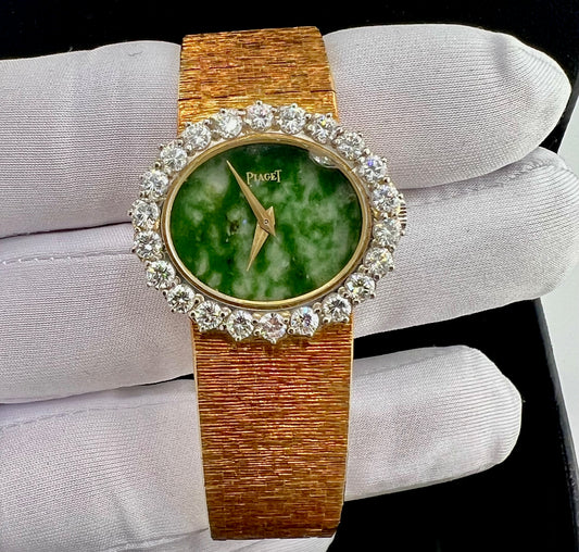Piaget Vintage Yellow Gold Diamond Bezel Factory 28mm Stone Dial Green