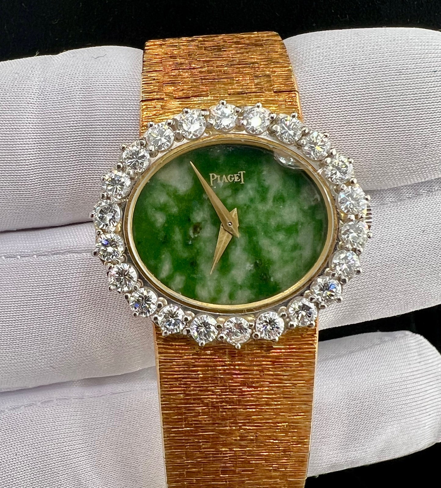 Piaget Vintage Yellow Gold Diamond Bezel Factory 28mm Stone Dial Green