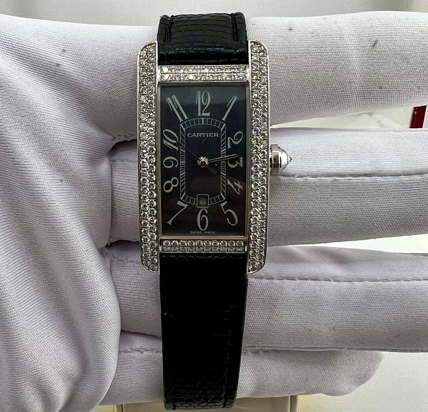 Cartier Diamonds Watch Tank Americaine 18k White Gold 2490 22x41mm automatic