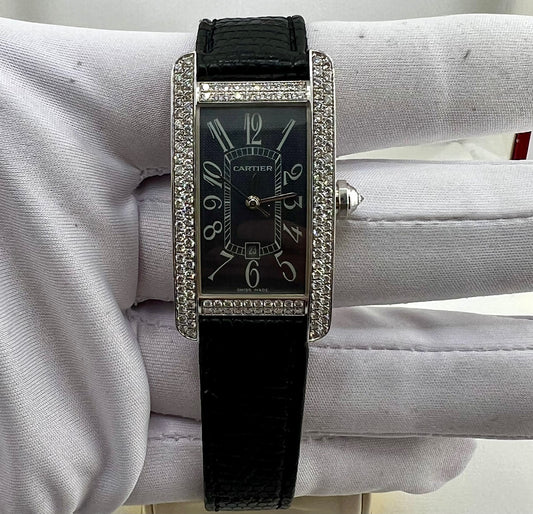 Cartier Diamonds Watch Tank Americaine 18k White Gold 2490 22x41mm automatic