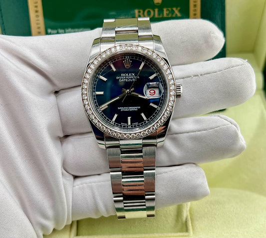 Rolex Datejust 36mm 116244 Factory Diamond Bezel Box&Paper 2014 Blue Dial