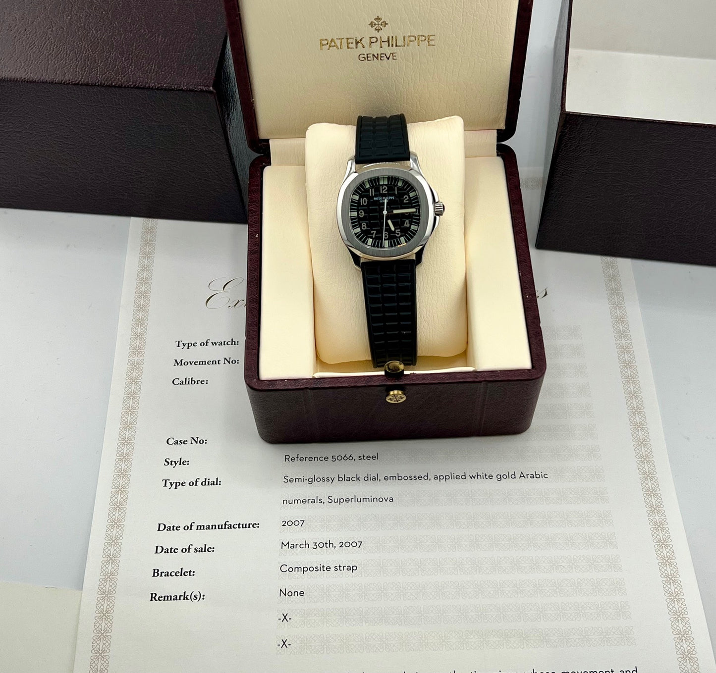 Patek Philippe Aquanaut 5066A-001 2007 Estratto d'archivio e Box 36mm