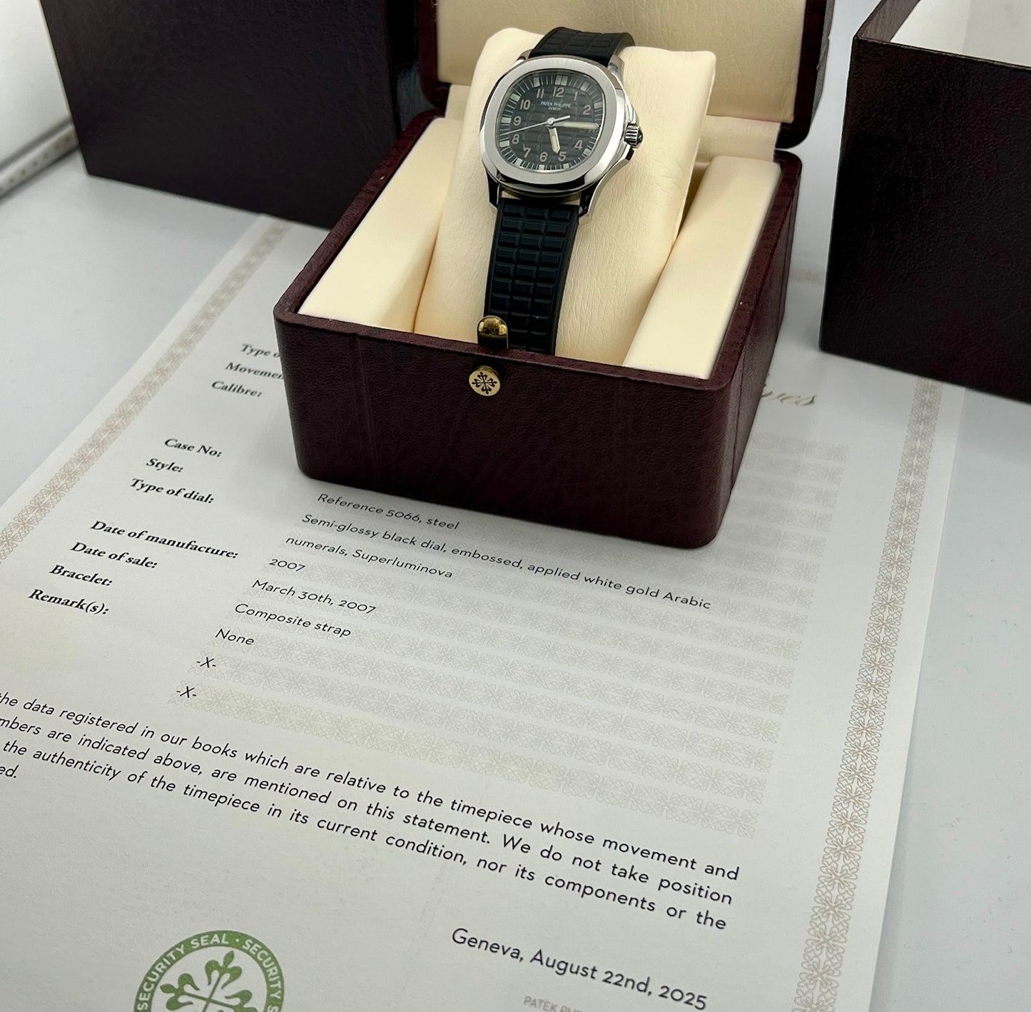 Patek Philippe Aquanaut 5066A-001 2007 Estratto d'archivio e Box 36mm