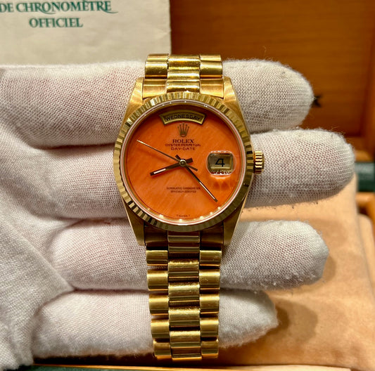 Rolex Day-Date 36mm 18238 Coral Dial Factory 1990 paper rolex