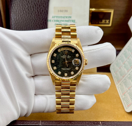 Rolex Day-Date 36mm 18238 ''Pirite'' Dial Diamond Index Full Set 1991