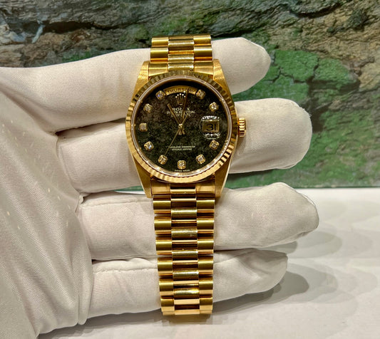 Rolex Day-Date 36mm 18238 ''Pirite'' Dial Diamond Index Full Set 1991