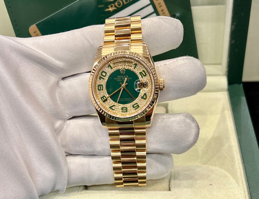 Rolex Very Rare Factory Day Date 2007 Anniversary Emerald Green enamelled Diamond dial + Service
