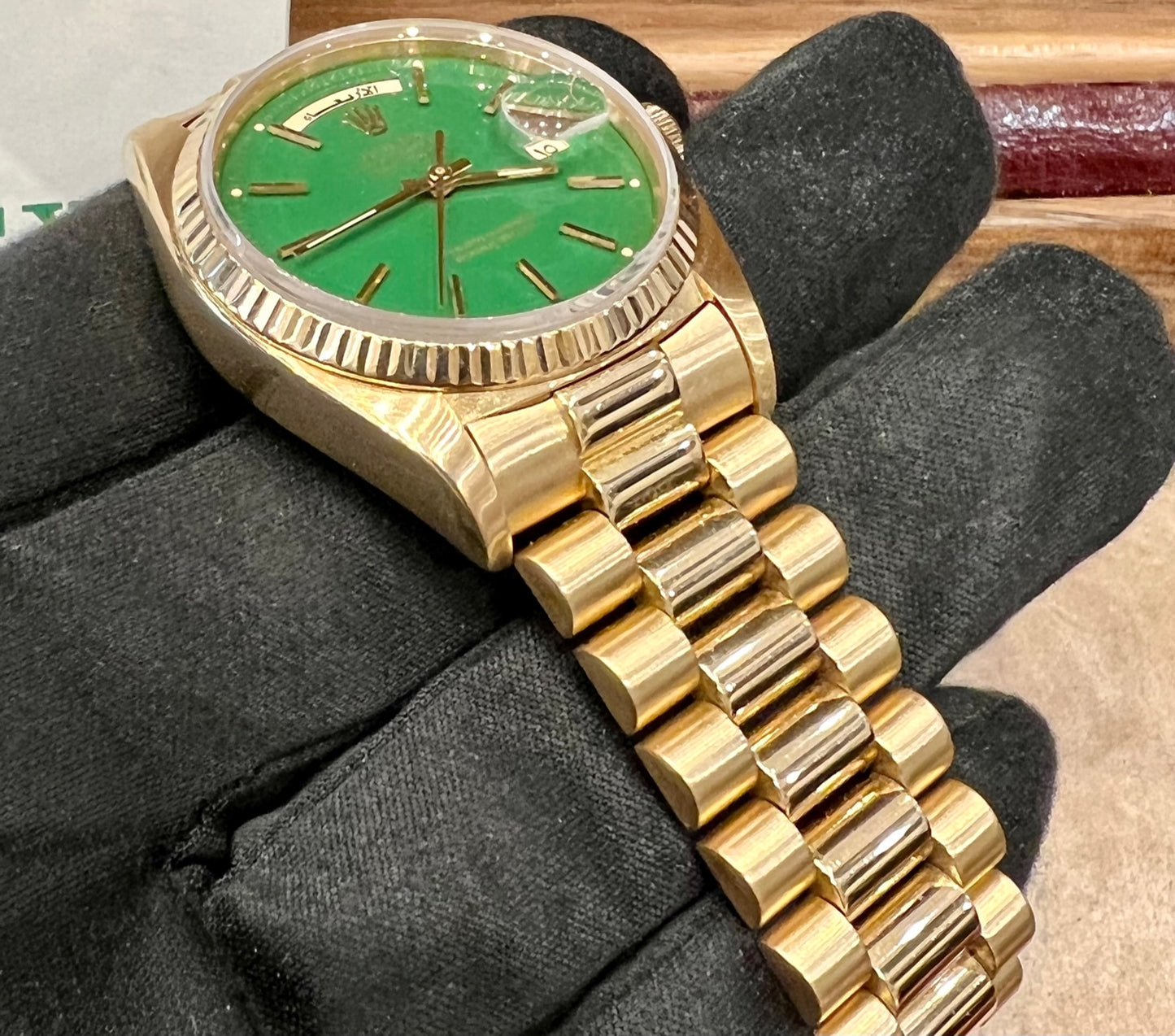Rolex Day-Date 36mm 18038 Green Stella Dial Spyder 1979 box+ expertise Pergola